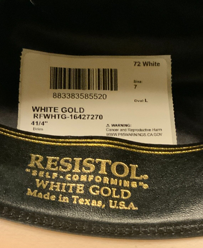 Resistol 20X White Gold Cowboy Hat, Style# RFWHTG-16427270, Size 7, 4 1/4" Brim - Picture 6 of 8