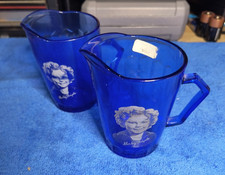 Shirley Temple Cobalt Blue Glass Hazel Atlas Cream Pitchers 2 VTG 1930's 4 1/2