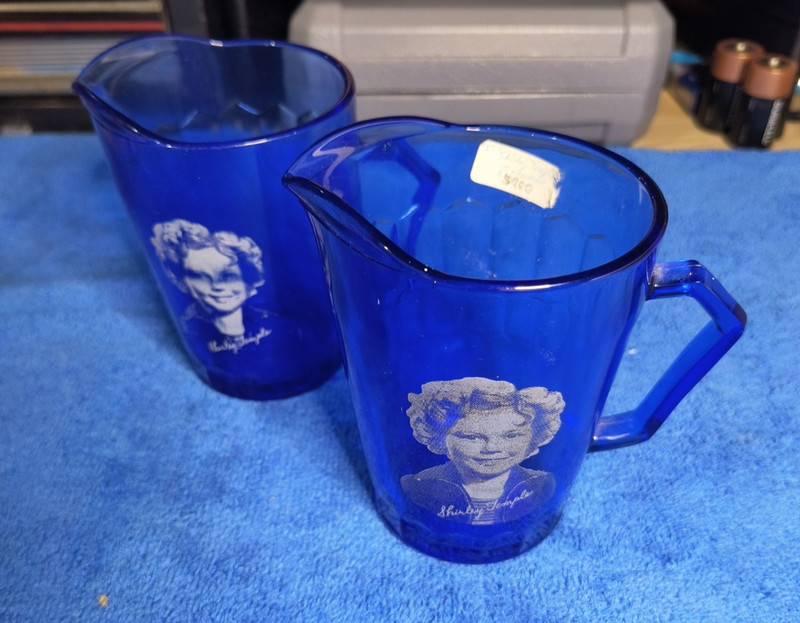 Shirley Temple Cobalt Blue Glass Hazel Atlas Cream Pitchers 2 VTG 1930's 4 1/2"