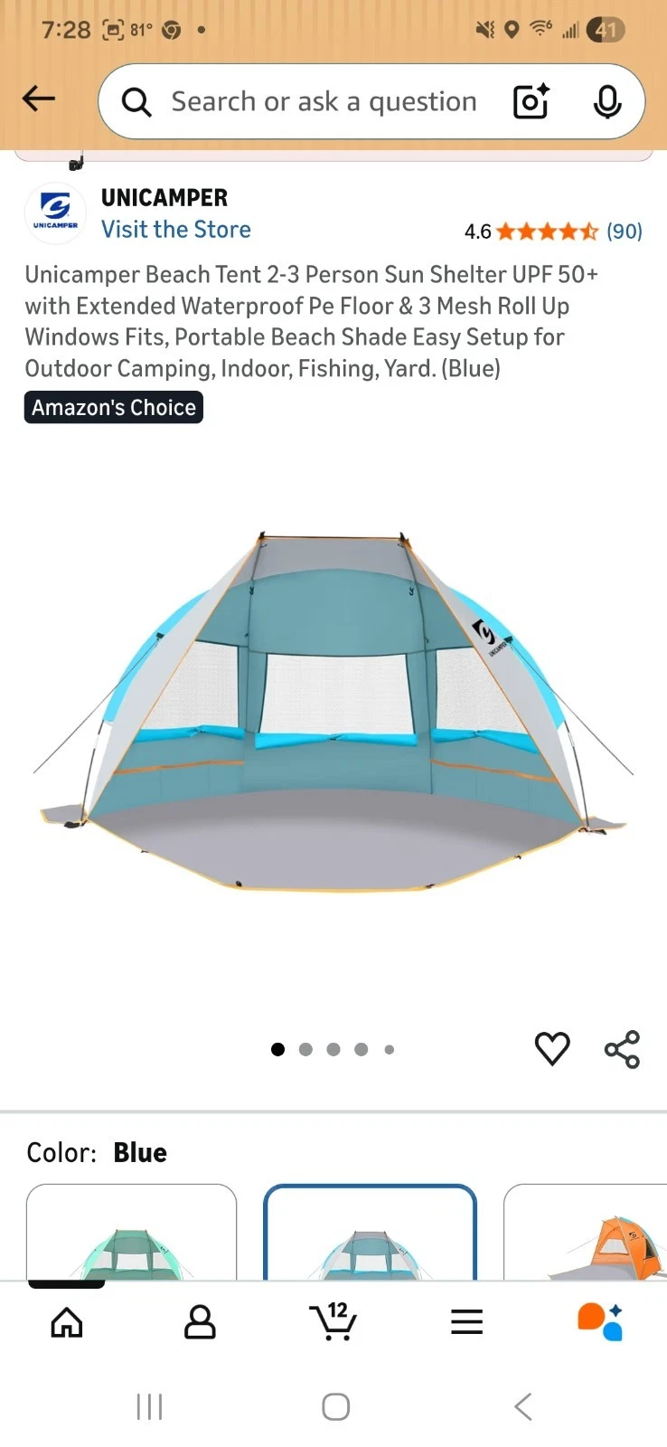 2-3 Person Easy Pop Up Beach Tent UPF 50+ Portable Sun Shelter With Bag BNIB