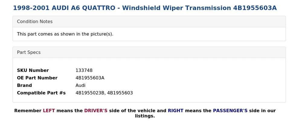 1998-2001 AUDI A6 QUATTRO - Windshield Wiper Transmission 4B1955603A - Image 4 of 4