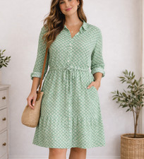 Gap Womens Shirt Dress XL Green Cherry Collar Buttons Tie Waist Lined Quiet Lux