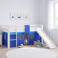 Hochbett 90X200 Kinderbett Mit Rutsche Holz Stockbett Vorhang Blau Homestyle4U