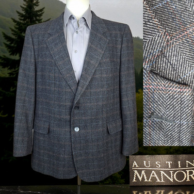 Austin Manor Jacket Blazer Mens 44R Gray Herringbone Plaid Tweed