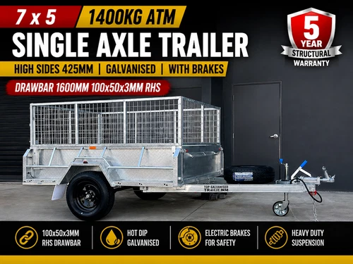 7x5 Box Trailer 1400KG ATM High Sides 425mm More Capacity Galvanised With Braked