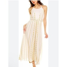 RAGA White Maxi Dress with Gold Embroidered Stripes