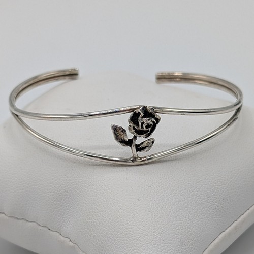 Sterling Silver Rose Flower Cuff Bracelet Vintage 925 7.6 Grams - 第 1/13 張圖片