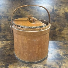 Antique Wooden Firkin Barrel w/ Handle, Partial Lid, Metal Band - Primitive 12"