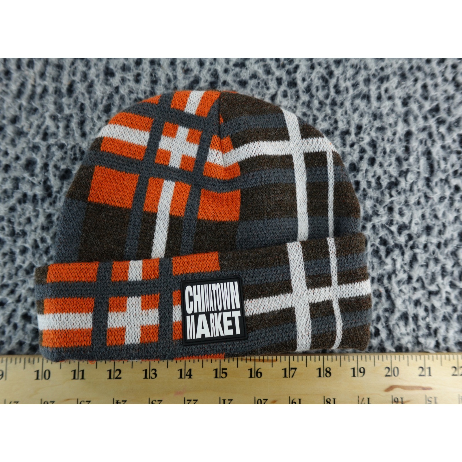 Chinatown Market Smiley Face Plaid Beanie Hat Orange Gray White
