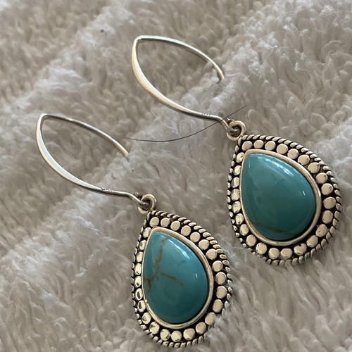 Sterling Silver 925 CFJ THAI Earrings Turquoise Teardrops Dangling 2.25" Long - Picture 2 of 11