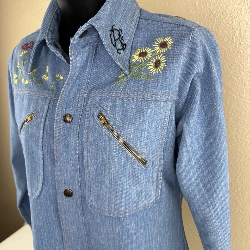 Vtg 70s Brushed Denim Leisure Suit Pantsuit Embroidered Pants Jacket Disco S/M - Image 4 of 4