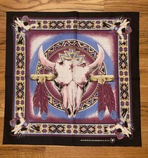 Vtg 90s Bandana Native American Cow Skull Feather Southwestern Scarf USA