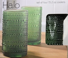 Halo Glass Tumbler Set of 4 15.2 oz Textured Clear Drinking Glasses Green Accent