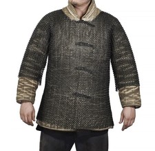 Medieval Haubergeon 10 mm Mild Steel Butted Black Chainmail Shirt Larp Armor M 