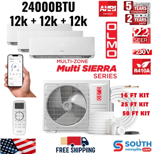 3 Zone OLMO Sierra 24,000 BTU Mini Split A/C & Heater, R410A, 12K+12K+12K BTU