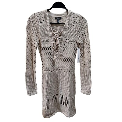 #ad Aqua Womens Size Small Crochet Lace up Mini Dress Solid Sand Long Sleeve NWT $11.00