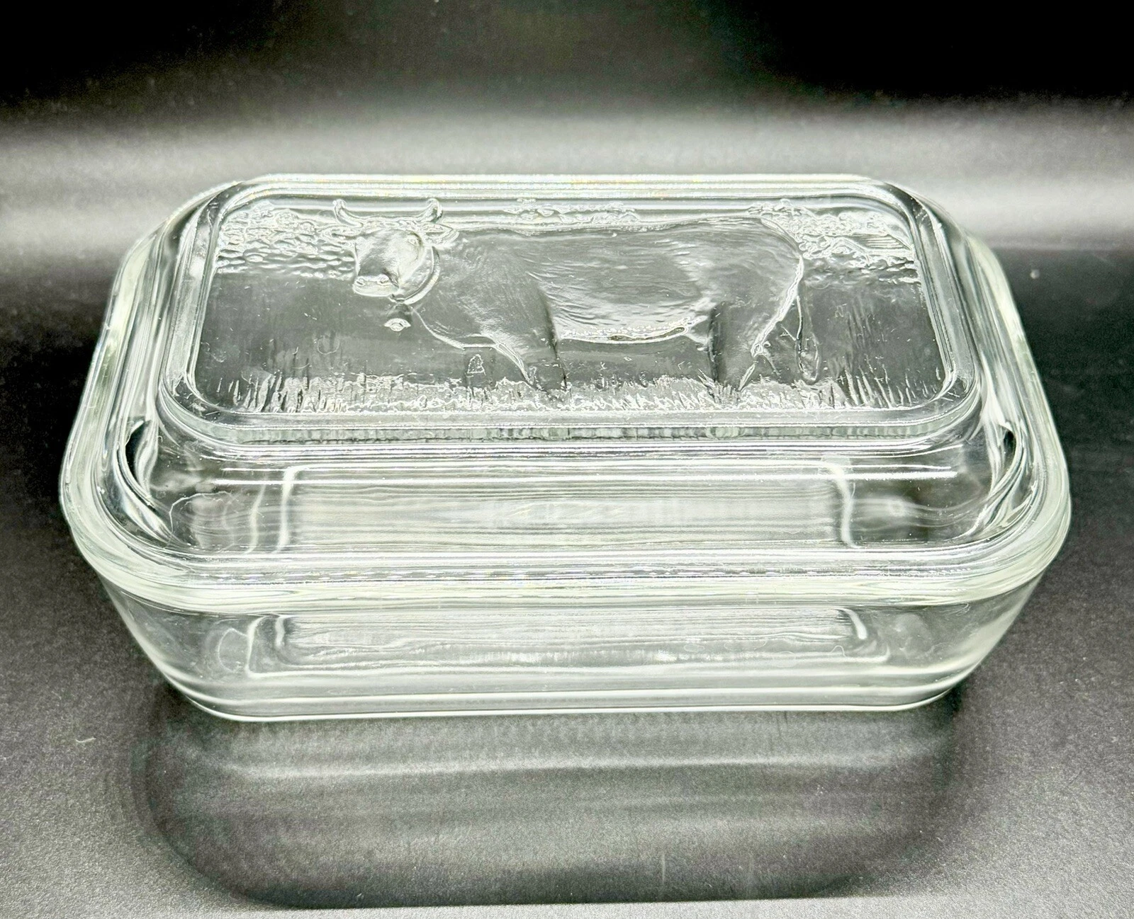 Vintage Arcoroc France Butter Refrigerator Dish With Cow On Lid Clear Glass
