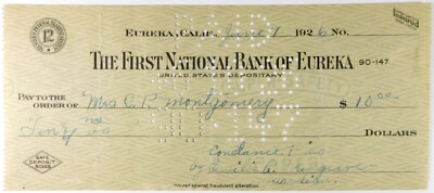 1926 Eureka California $10 Check RARE CA. LOT  FREE SHIP