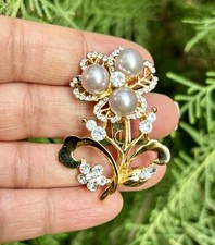 Yellow Gold Plated Pearl CZ Safety Pin, Brooch Saree Pin Hijab Pin Dupatta Pin