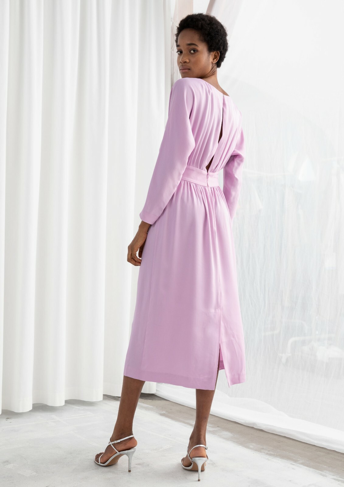 long sleeve satin midi dress pink size 