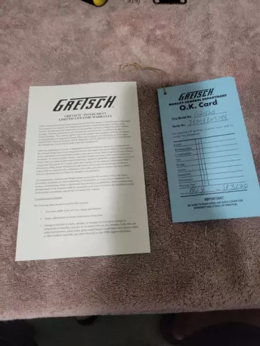 Gretsch G2420 Limited Lifetime Warranty and Quality Control Hang Tag