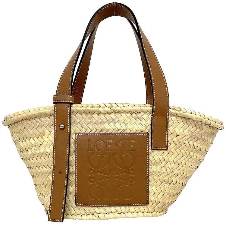 Beige Anagram leather-trimmed raffia basket bag