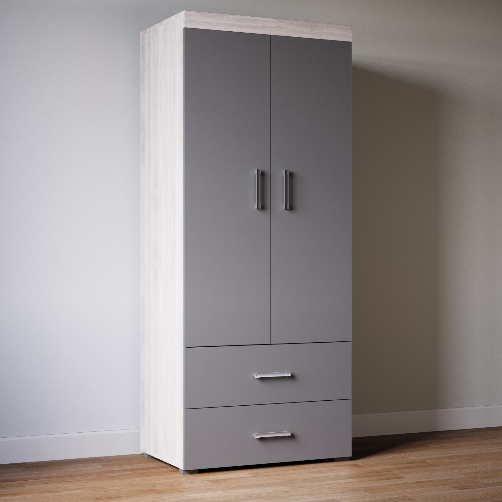 2 Door 2 Drawer Wardrobe Grey & Grey Oak Effect Bedroom Furniture