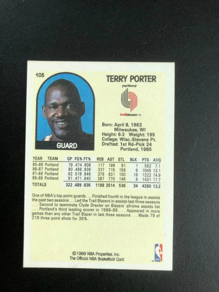 1989 TERRY PORTER NBA Hoops Portland Trailblazers a Basketball Card # 105 - Image 3 of 4