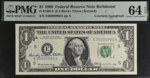 1969 $1 FRN PMG 64EPQ - Treasurer Eleston Autograph Birthday Low Serial 00000980 - Picture 2 of 3