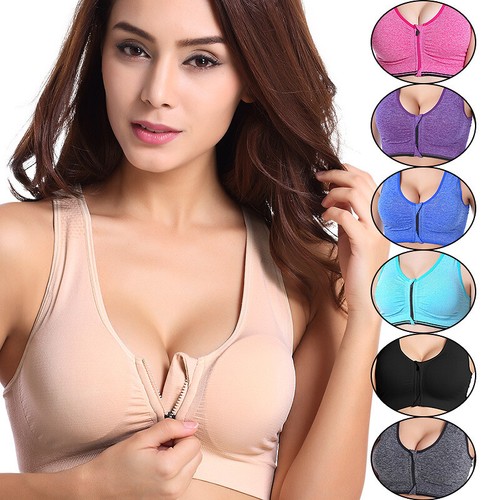 Women Padded Sports Bra Yoga Front Zip Fitness Workout Stretch Top Tank Wirefree - Picture 5 of 20