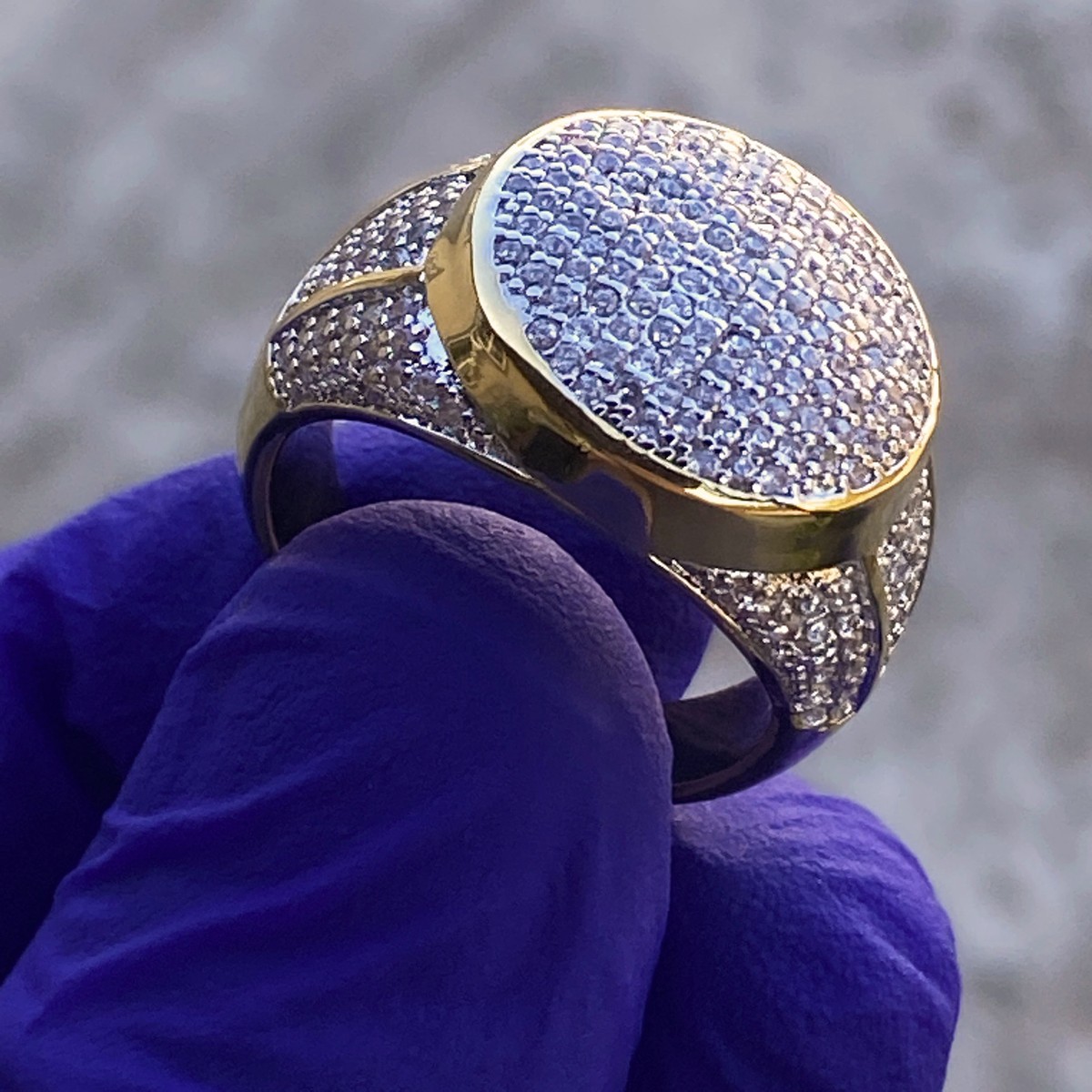 Men's Big Round Dome Ring Micro Pave Gold Plated Two Tone Iced Men's Big Round Dome Ring Micro Pave Gold Plated Two Tone Iced