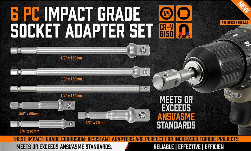 6 pc 6" & 3" Impact Grade Socket Adapter Set 1/4" 3/8" 1/2" Drive 1/4 ...
