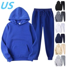 Mens 2Pcs Tracksuit Solid Long Sleeve Hooded Sweatshirt with Sweatpants Set
