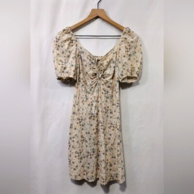 H&M Linen Blend Floral Dress Women's S Cream Cottagecore Peasant Retro Y2K 90s