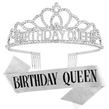 Silver Birthday Crowns for Women Birthday Queen Sash and Tiara for Women Silv...