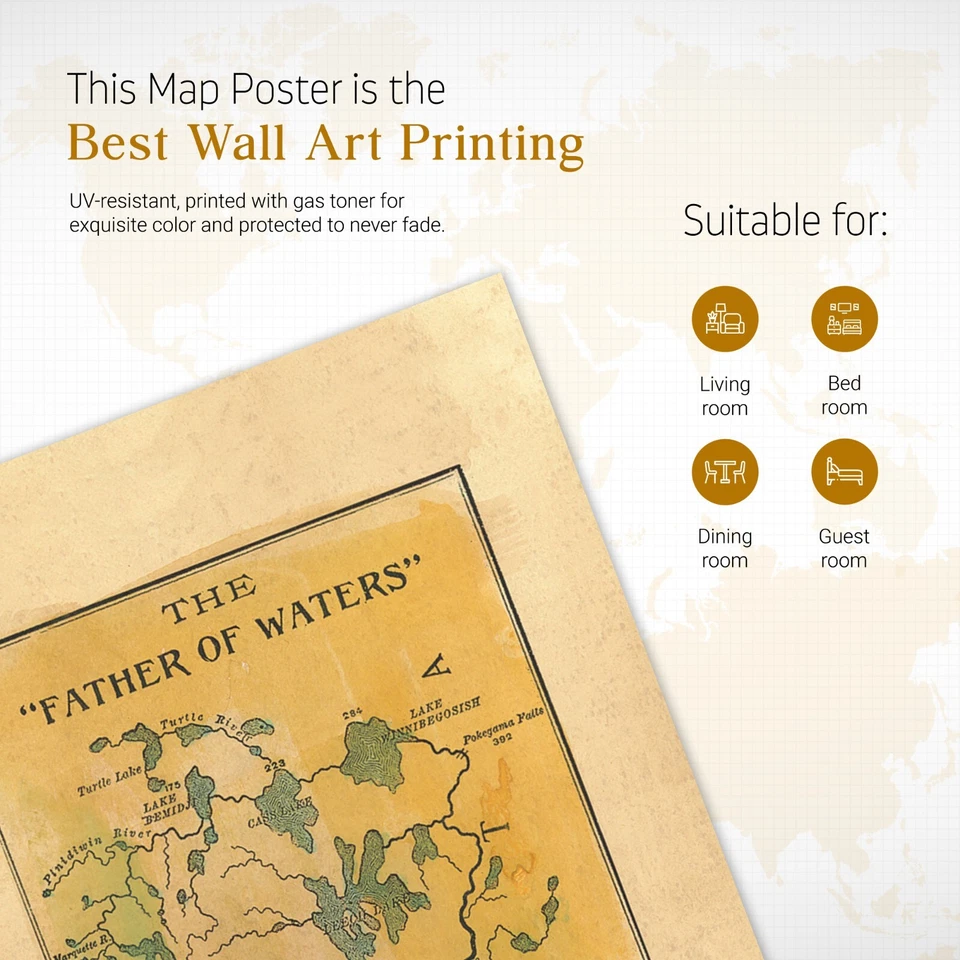 Póster mapa del río Mississippi Father of Waters 1887 - arte de pared decoración de casa de lago Foto 3 de 4