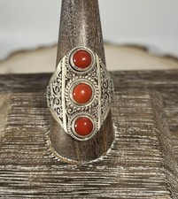 Stunning Bali Style 925 Sterling Silver Multi Red Coral Filigree Ring Size 9-9.5