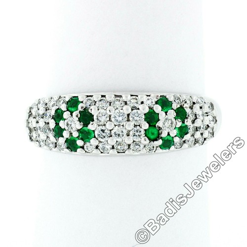 Fancy 18K White Gold 0.68ctw Emerald Diamond Dome Bombe Flower Cluster Band Ring - Picture 4 of 9