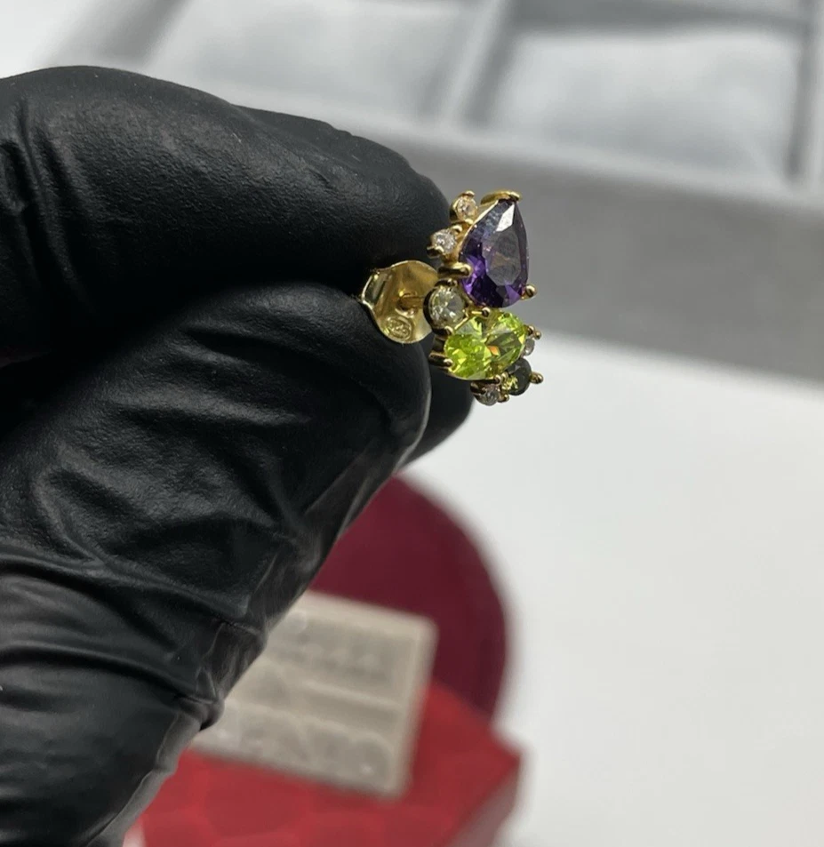 Orecchini Donna in Argento 925 dorato Farfalle zirconi e cristalli Viola e Verdi - Immagine 3 di 4