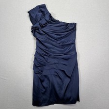 Express One Shoulder Dress Womens 2 Good Navy Blue Ruched Satin Cocktail Dress