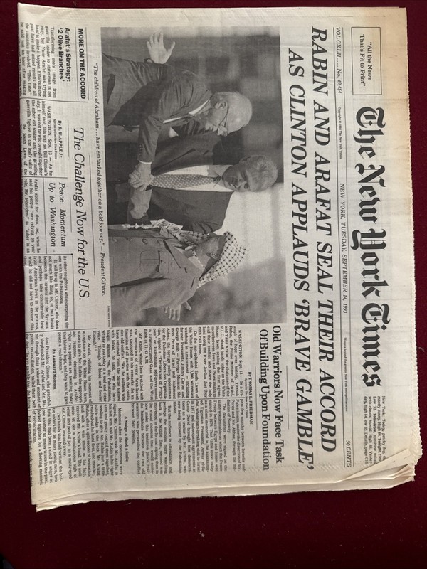 Historical New York Times - September 14, 1993 - "Rabin And Arafat Seal..."