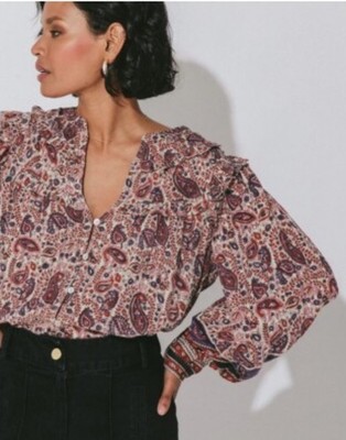 Cleobella Samara Block Print Paisley Peasant Blouse Button Down Long Sleeve