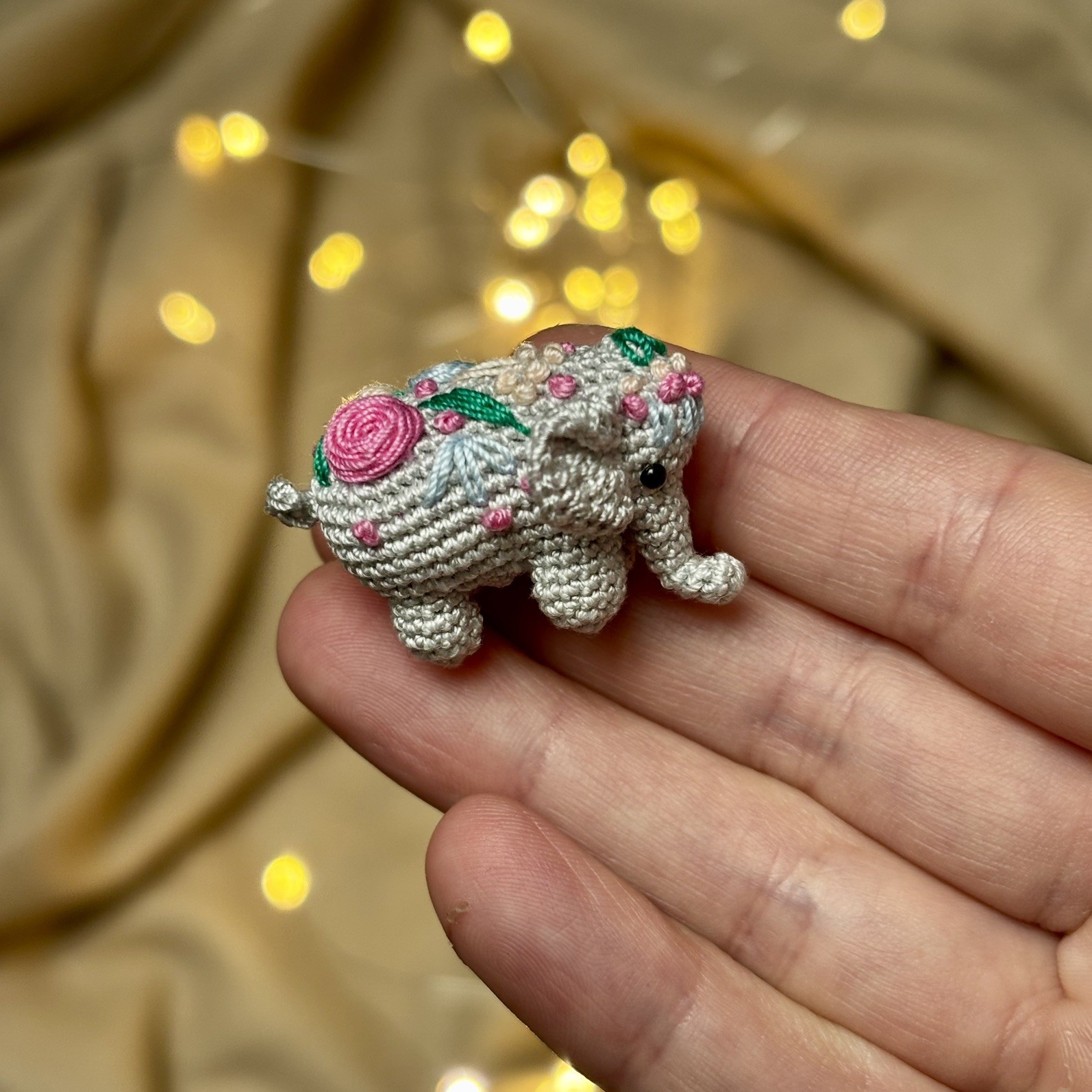 Grey Micro Crochet Elephant with Embroidery – Tiny Amigurumi Collectible 
