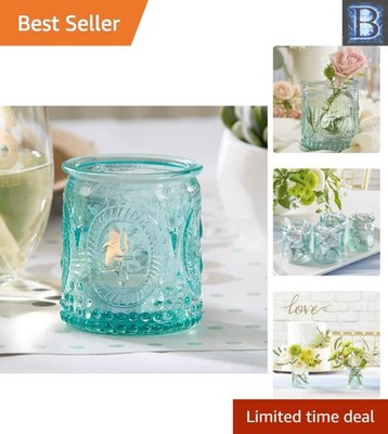 Set of 8 Vintage Blue Glass Tealight Holders - Fleur-de-lis Elegance Decor