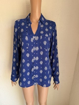 Express The Portofino Women s Size M Blue Printed Button-Up Blouse V-Neck Shirt