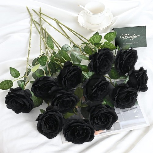 Waipfaru 12 Stück Kunstblumen Kunstseide schwarze Rosen 12 Stück, A-schwarz - Bild 3 von 6
