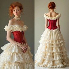 Vintage Victorian Wedding Dress Ruffles Off Shoulder Tiered Beige And Red Corset