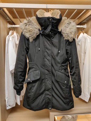 ZARA MANTEL JACKE PARKA SCHWARZ KLEIN FLEECE GEFÜTTERT WATTIERT REISSVERSCHLUSS FREIZEIT KAPUZE DAMEN