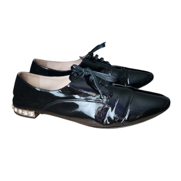 MIU MIU Black Patent Leather Oxford Crystal Heel Derby Shoes 40 | eBay