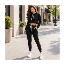 Women's 2 Piece Matching Hoodie Jogger Set Crop Top Sweatsuit Lounge Outfit Blac